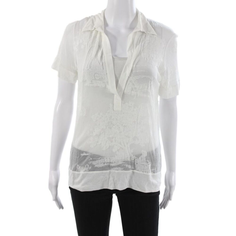 Hermes Women White Cotton Collared Short Sleeve Toile de Jouy Blouse Size 38